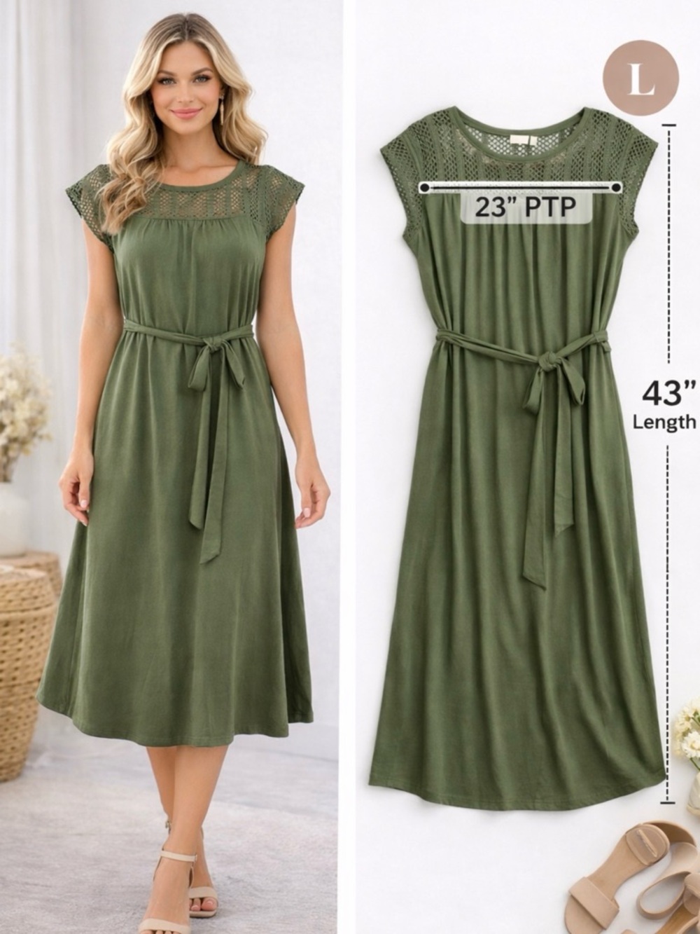 GAP Olive Crochet-Yoke Belted Midi Dress